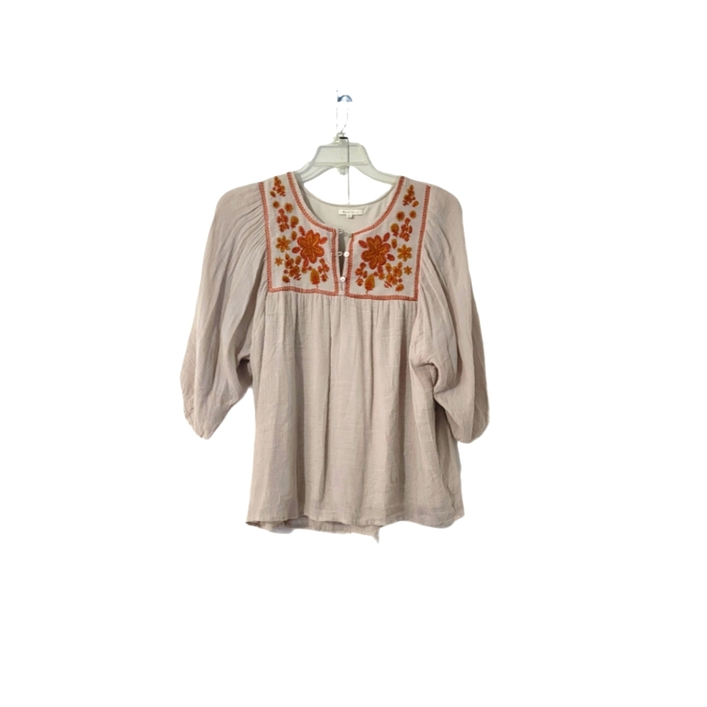BaeVely  Women's M   3/4 Sleeve  Embroidered  Boho  Top   Orange & Beige